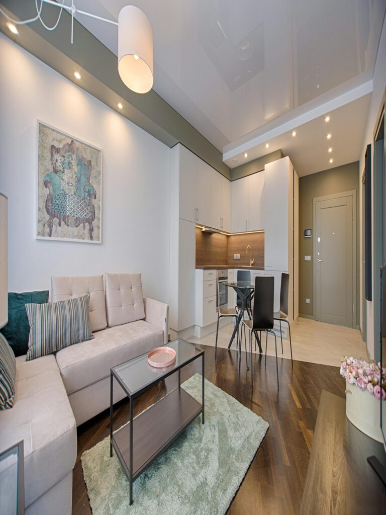 A stylish apartment with a cozy living room, sleek kitchen, and inviting dining area.