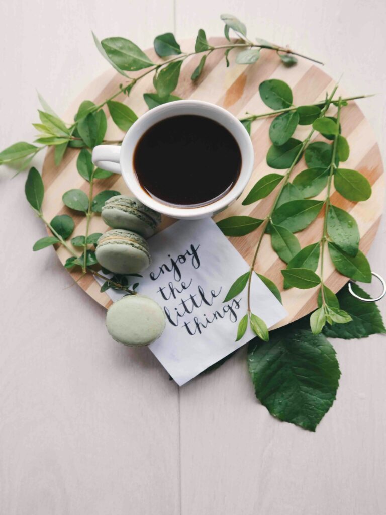 A wooden plate with coffee and macarons, surrounded by green leaves.