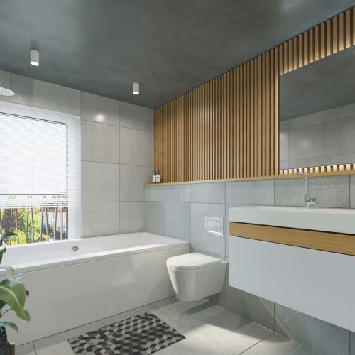 A sleek modern bathroom with a toilet, sink, and tub.