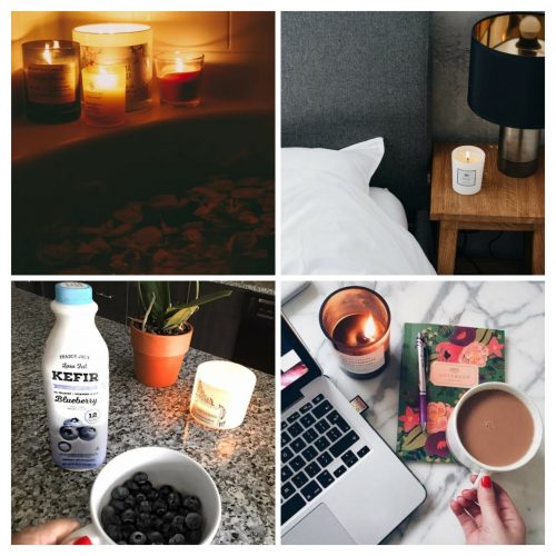 a collage of photos with candles, a laptop, a cup of coffee and blueberries.