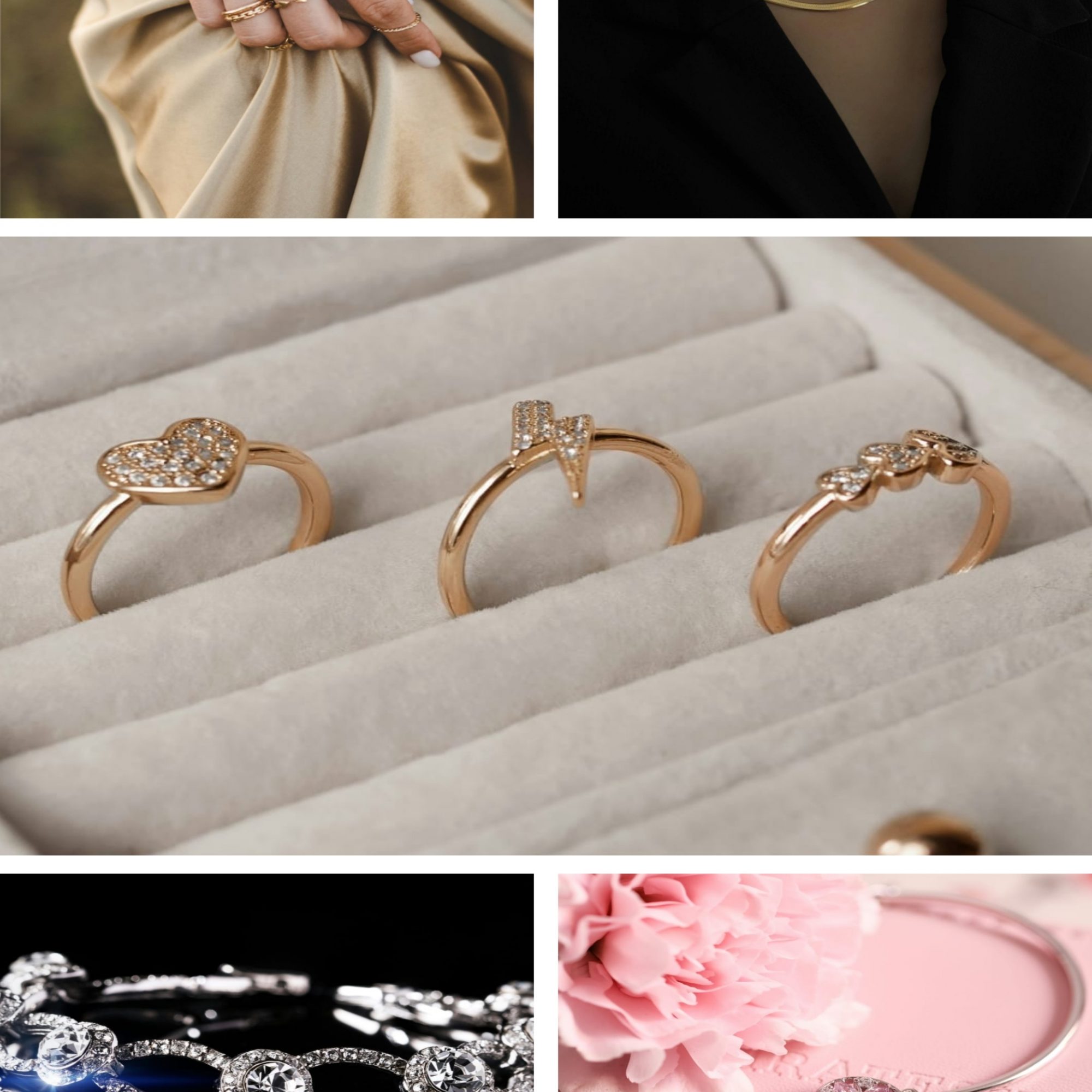 a collage of different jewelry items including rings, bracelets and necklaces