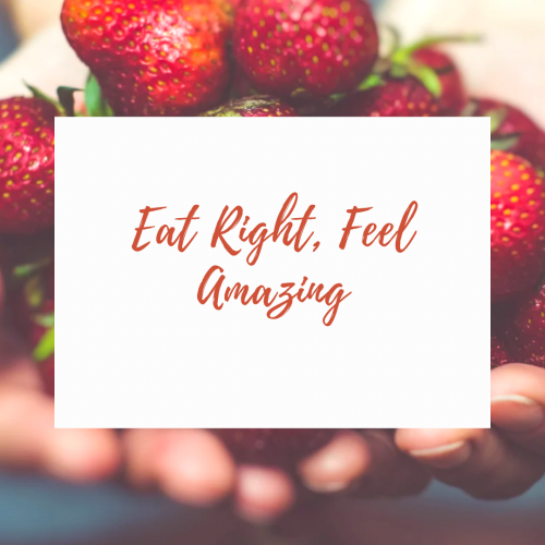 a person holding a pile of strawberries with the words eat right, feel amazing