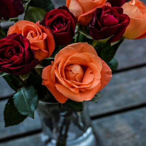 A vase filled with vibrant orange and red roses.