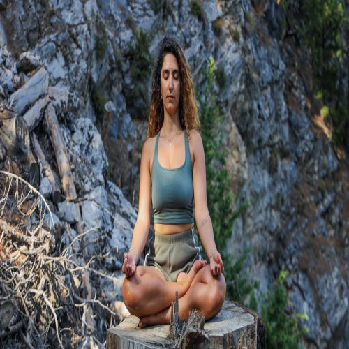 Woman wearing athletic gear meditating on a tree stump surrounded by nature.