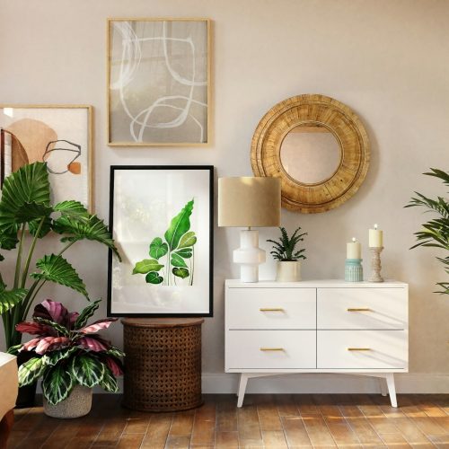 Cozy living room with white dresser, chair, and plants adding a touch of freshness to the decor.