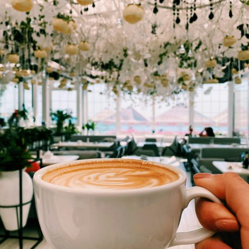 a person holding a cup of coffee in their hand