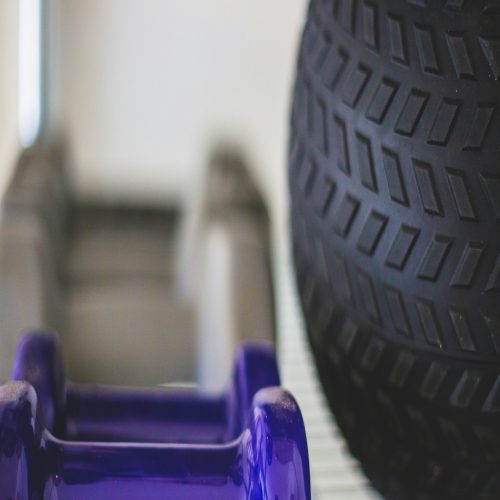 A purple dumbbell and a rubber ball neatly placed on a shelf.